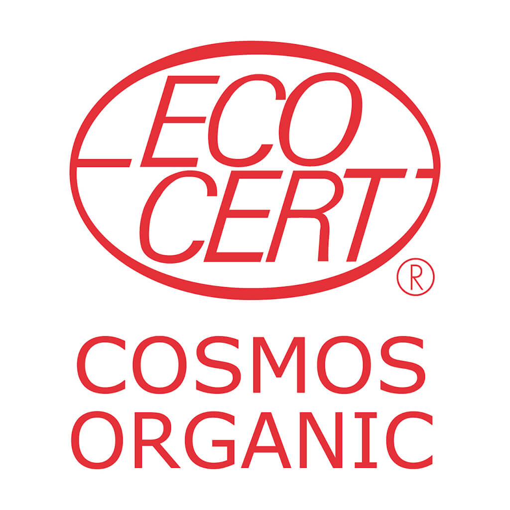 Ecocert Siegel Cosmos Organic rote Schrift auf weißem Hintergrund