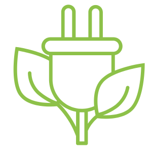 Ökostrom Symbol Stecker mit 2 grünen Blättern in grün