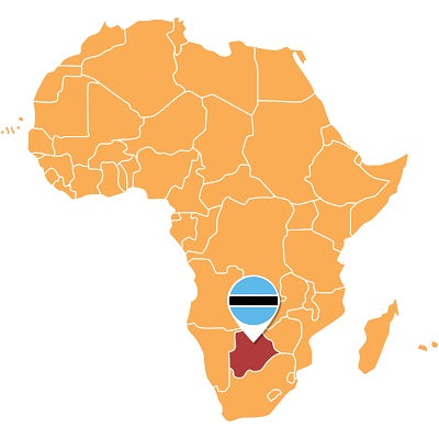 Zeichnung einer Karte vom afrikanischen Kontinent. Rot hervorgehoben ist Botswana mit seiner Landesflagge