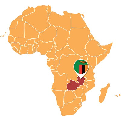 Zeichnung einer Karte vom afrikanischen Kontinent. In rot hervorgehoben ist Sambia mit seiner Landesflagge.