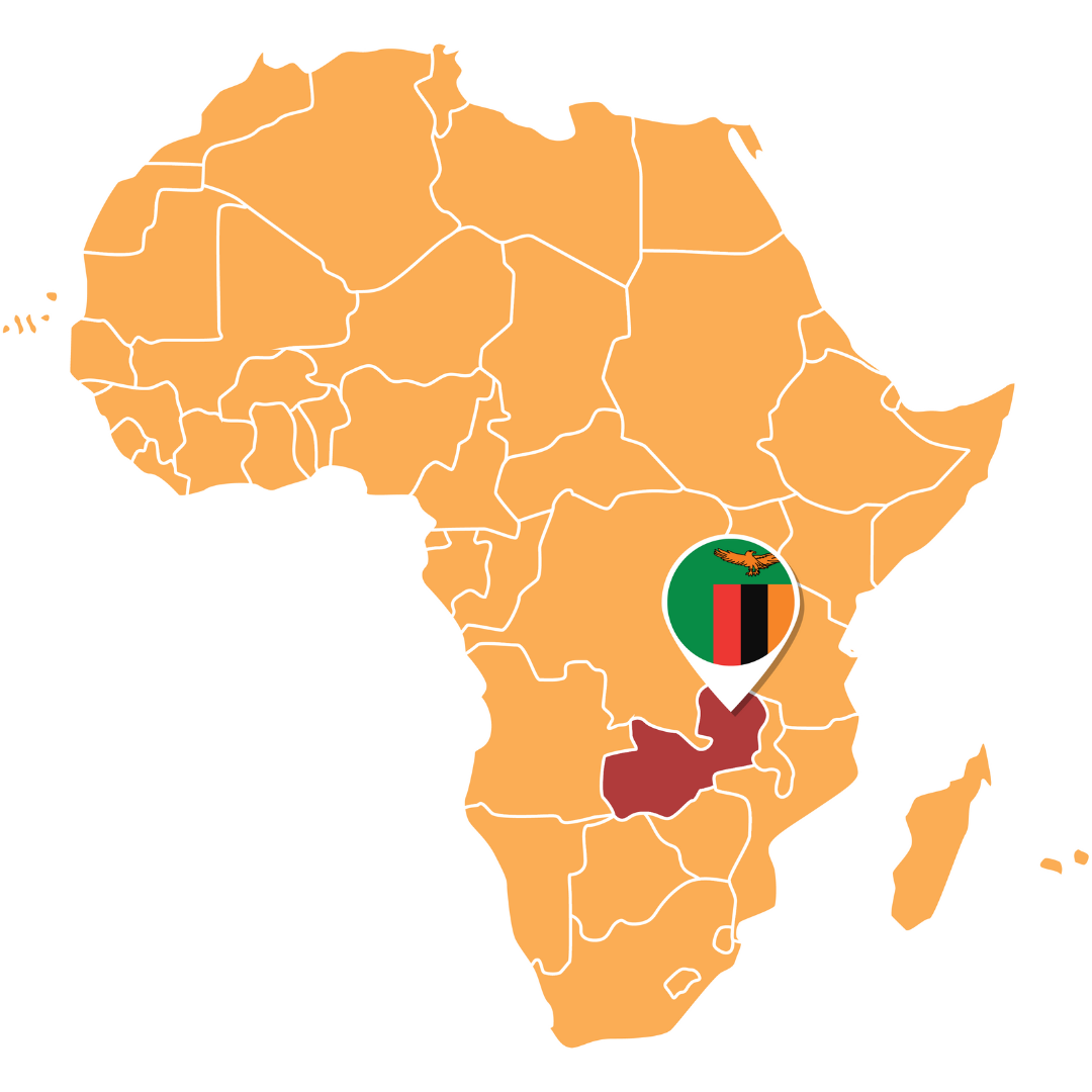 Afrika Kontinent Landkarte Sambia rötlich markiert, in dem Pin ist kreisrund die Flagge zu sehen