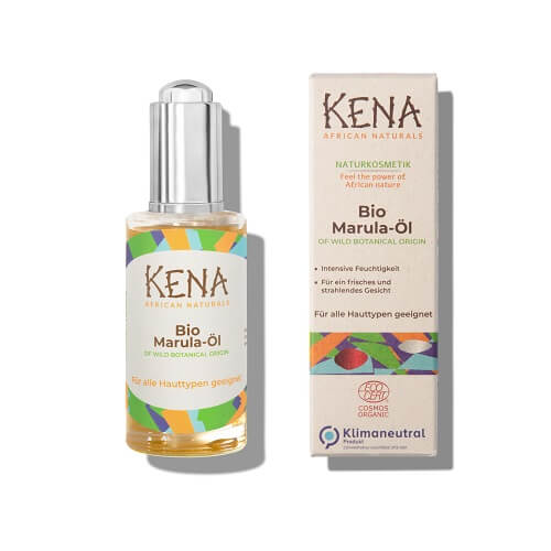 KENA Bio Marula-Öl Produktabbildung Glasflasche und Zuckerrohrverpackung