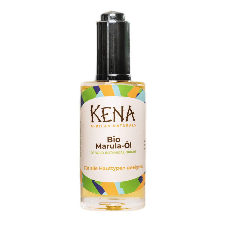Bio Marula-Öl KENA African Naturals Produkt Glasflasche 50ml in Nahaufnahme von vorne mit silberner Dropper Pipette