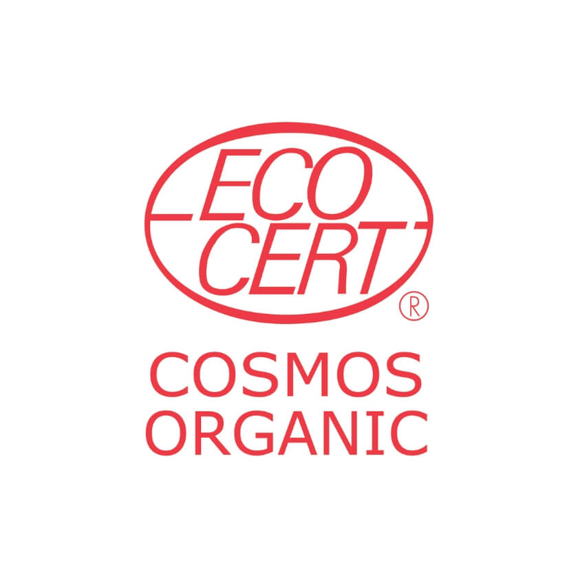 Ecocert Cosmos Organic Siegel rote Schrift auf weißem Hintergrund