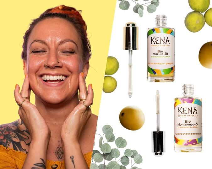 Marula Öl, Mongongo Öl Flaschen mit Pipette und Früchten von KENA African Naturals, strahlendes Frau die Öl im Gesicht anwendet