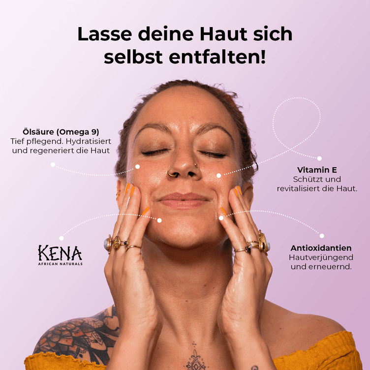Marulaöl von KENA Eigenschaften erklärt an Gesicht einer Frau